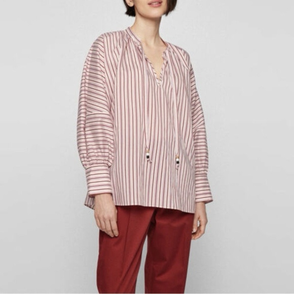 Boss Bateco Striped Tie Neck Top Oversized Fit